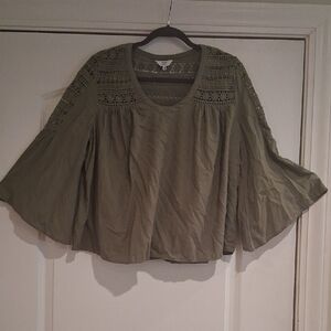 Crown & Ivy Olive Blouse with Lace Accents
